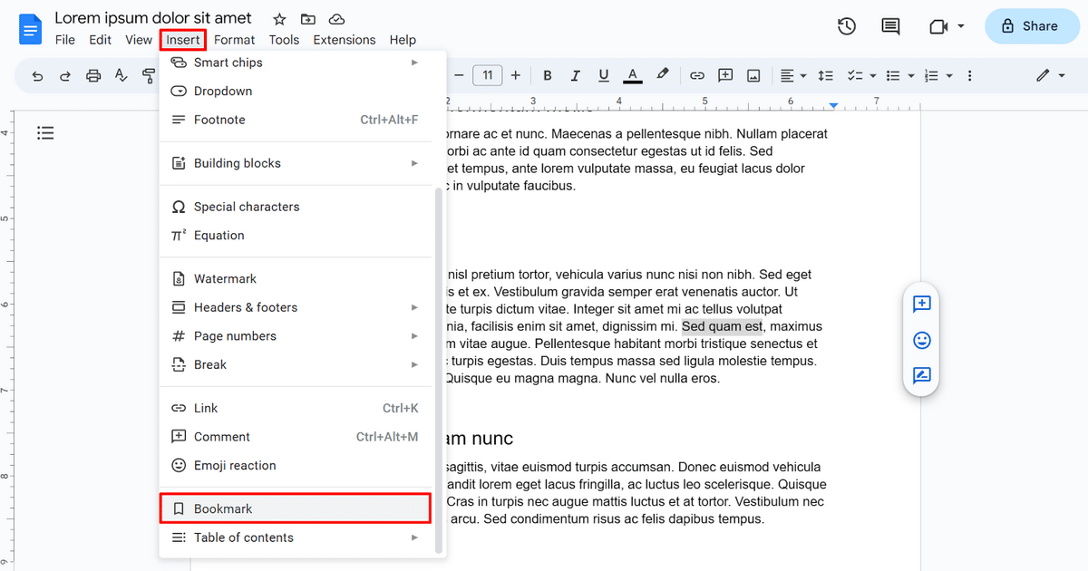 How to insert a bookmark in Google Docs