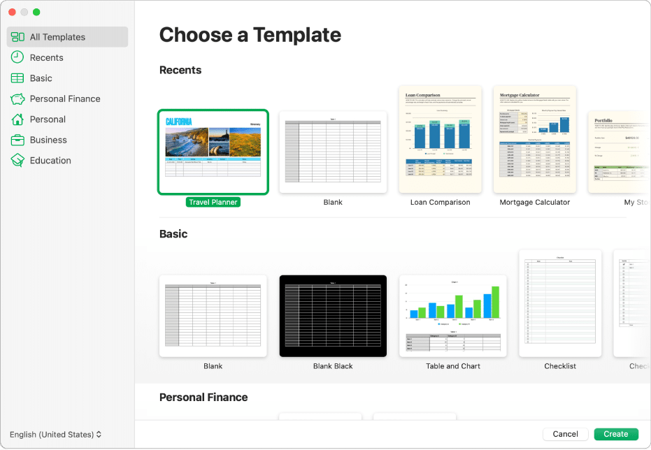 Apple Numbers—pre-built spreadsheet templates upon starting a new project