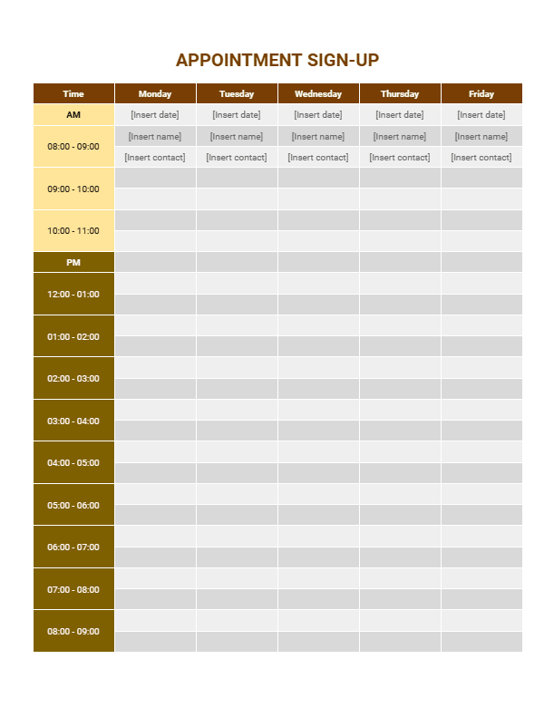 Sign-up sheet template Google Docs—preview of appointment sign-up sheet template