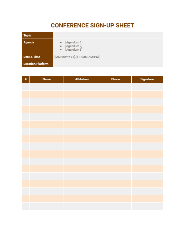 Preview of conference sign-up sheet template