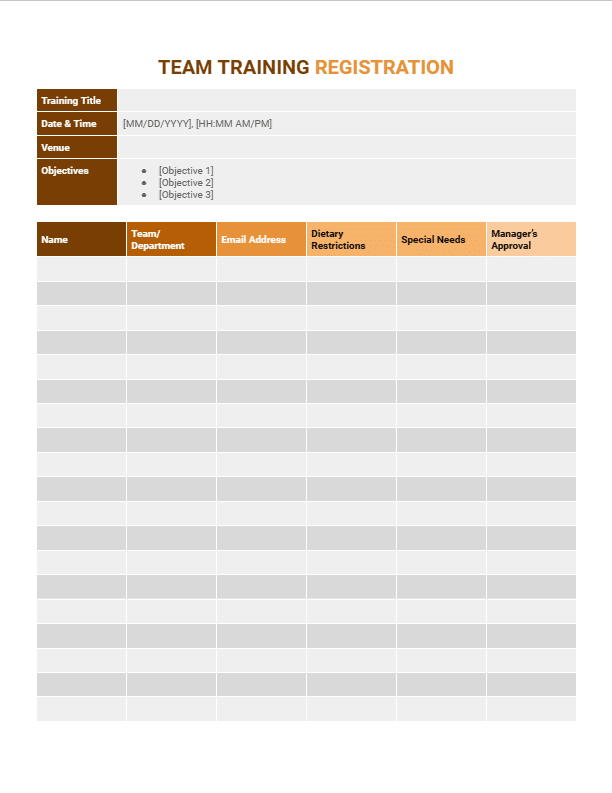 Preview of team training sign-up sheet template