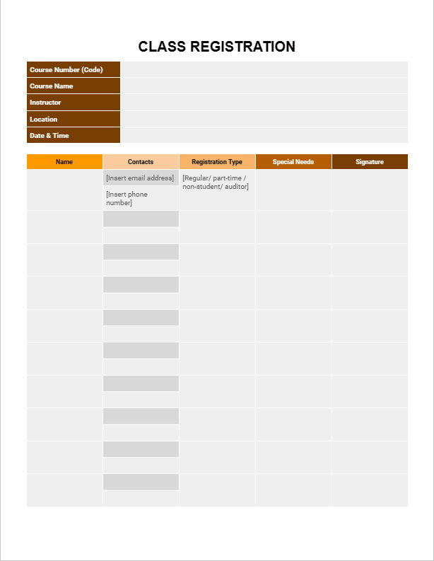 Preview of class registration sheet template