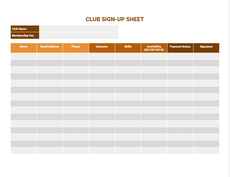 Preview of club sign-up sheet template