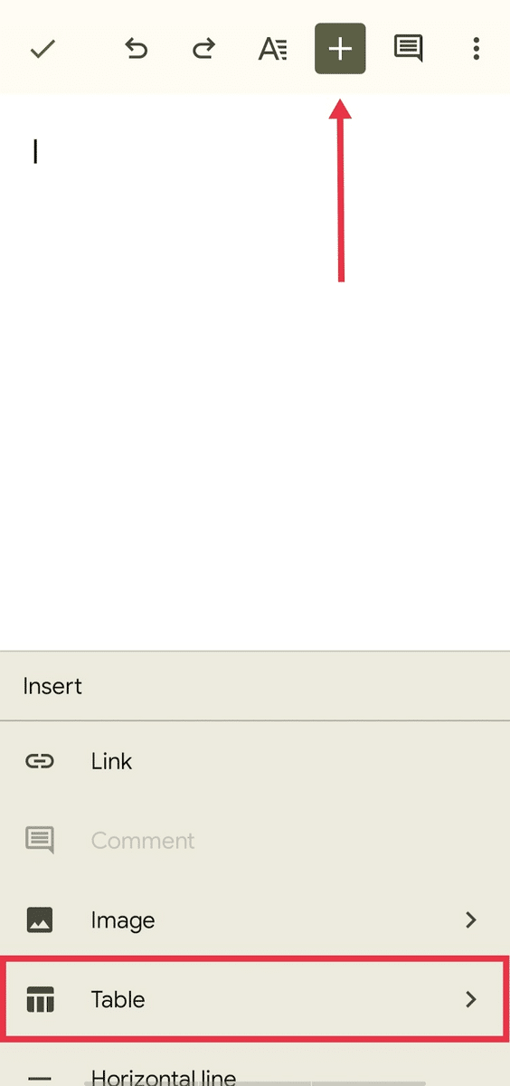 Adding a table in Google Docs app