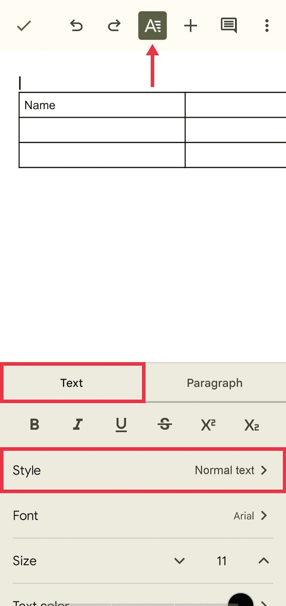 Changing text style in Google Docs app