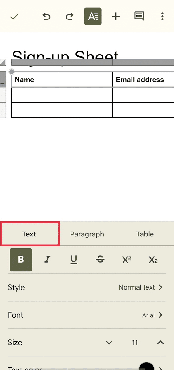 Android—text formatting options in Google Docs app