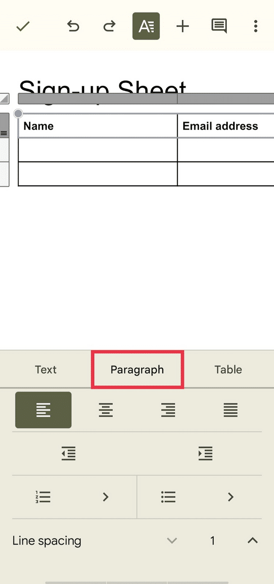 Android—paragraph formatting options in Google Docs app