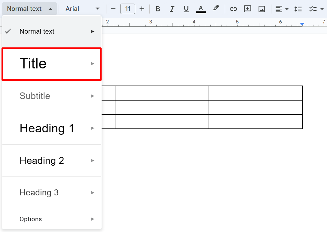 Using the "Title" text style in Google Docs