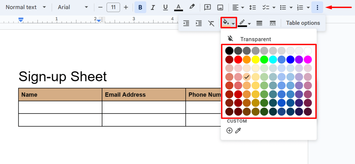 Selecting cell fill color in Google Docs