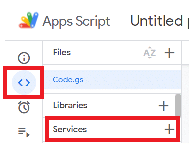 On the left of the script window, click Editor code (<>).Click the + sign next to Services.