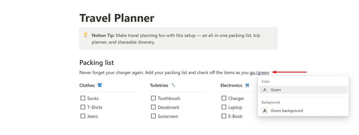 Using a slash command to make text green on Notion