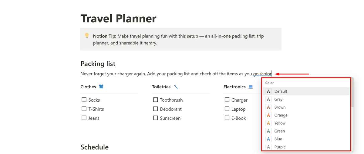 Using the slash "/color" command on Notion