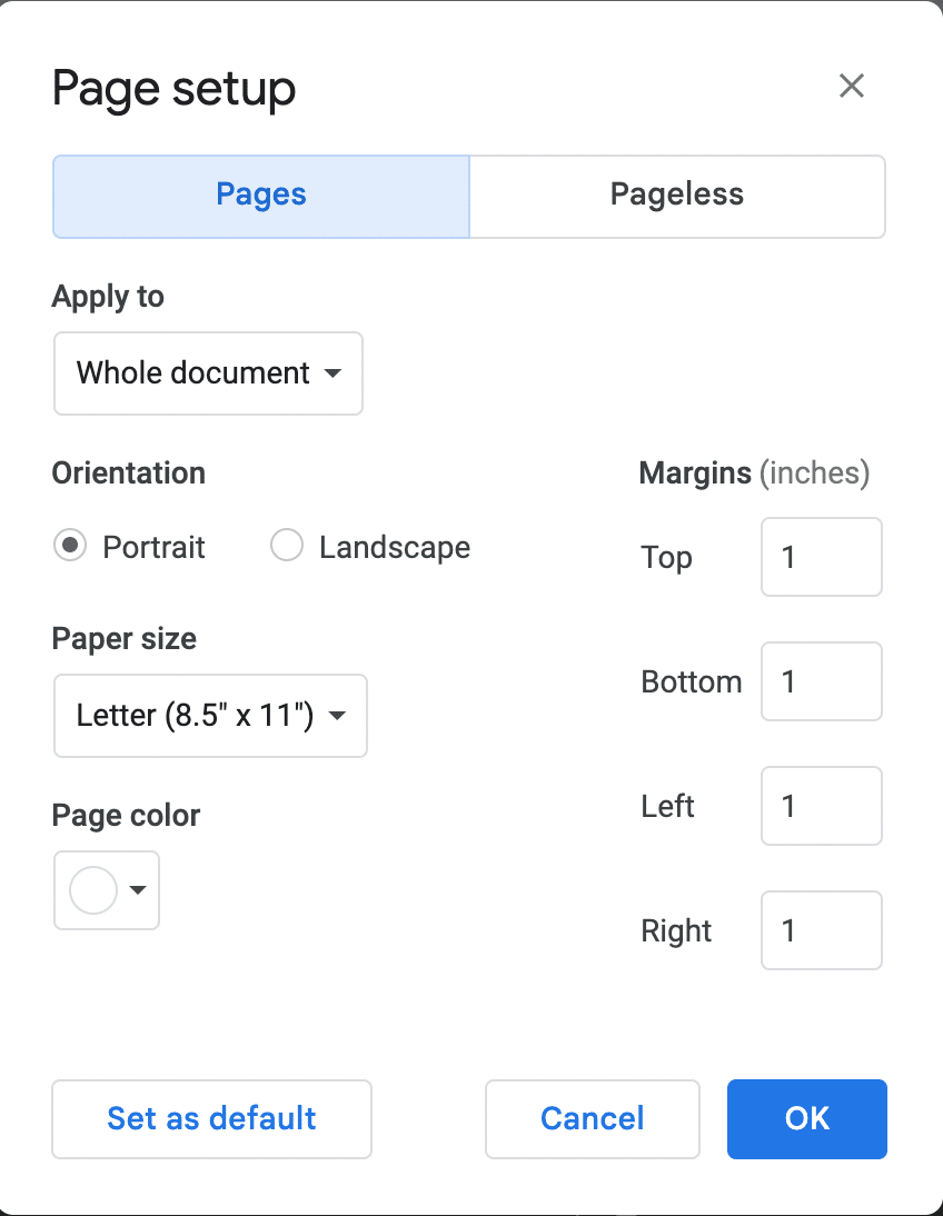 Page setup settings