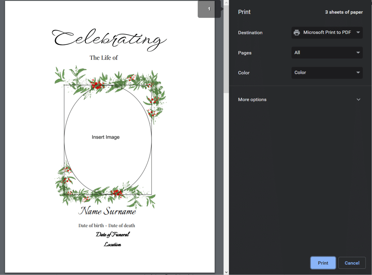 Step 4: Click Print to print your funeral program.