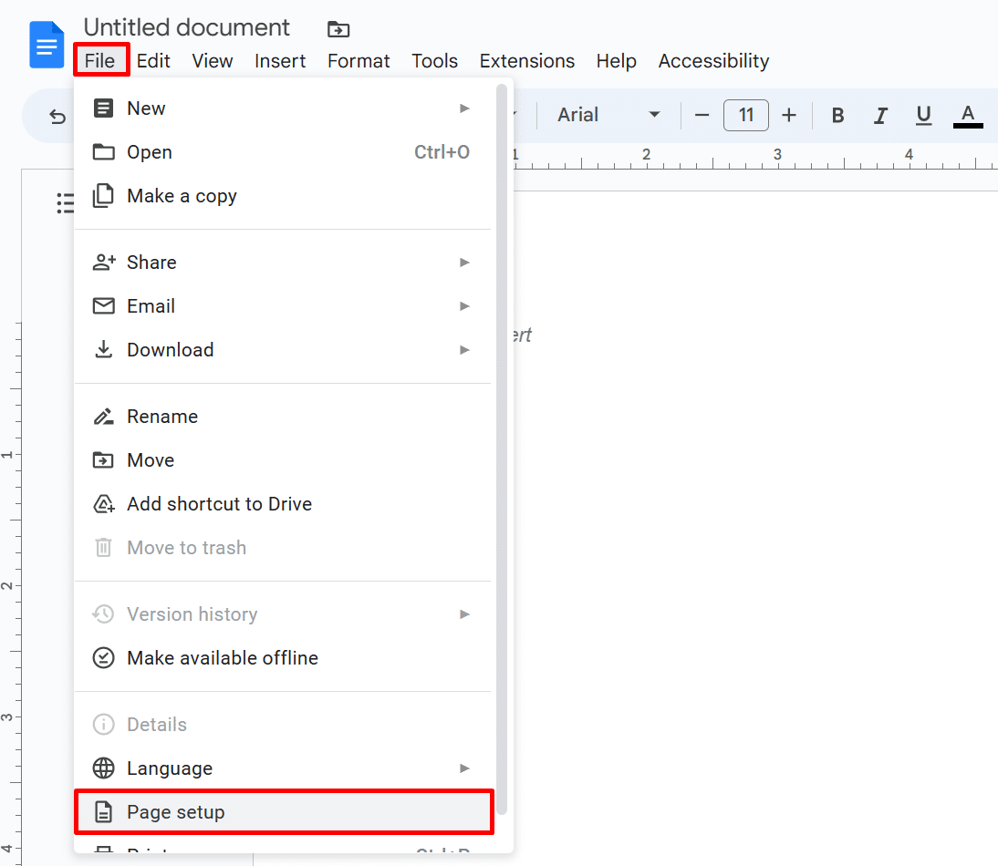 Where is the page setup option in Google Docs