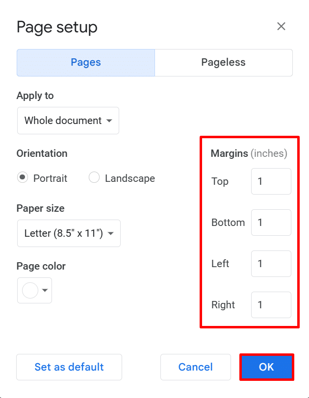 Setting the margins in Google Docs