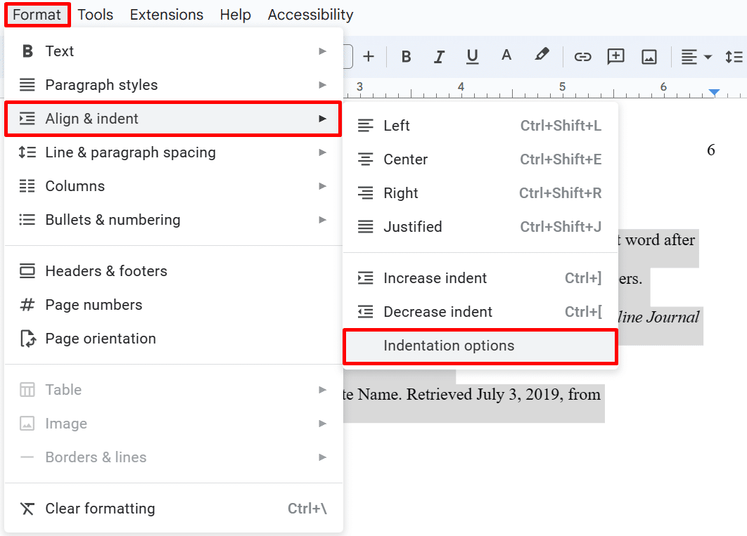 Where to find indentation options in Google Docs