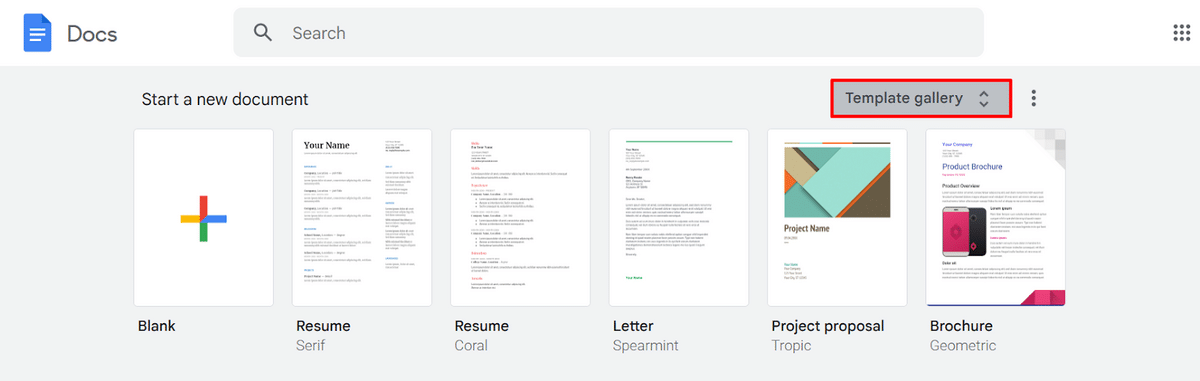 Home interface of Google Docs