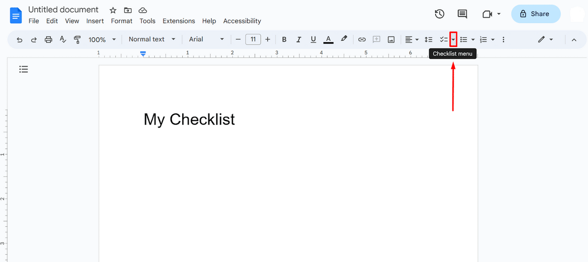 Where is the Checklist menu button in Google Docs