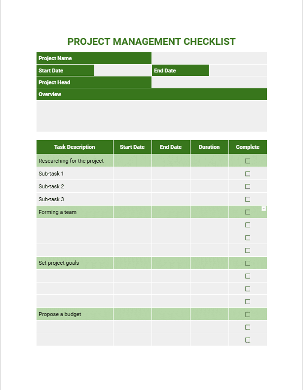 Project Planning Checklist screenshot