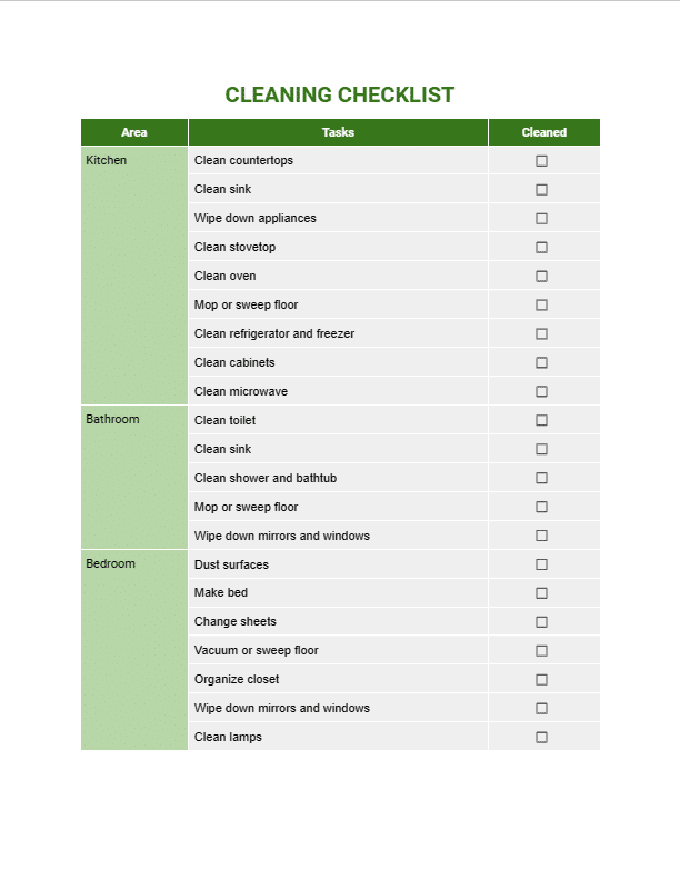 Cleaning Checklist screenshot