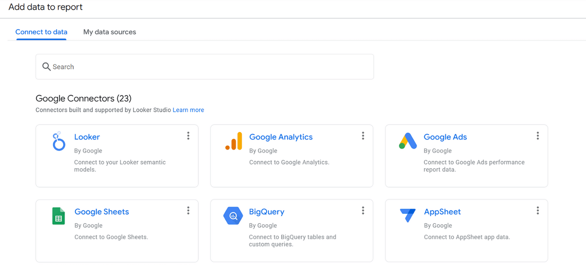 List of connectors on Google Data Studio