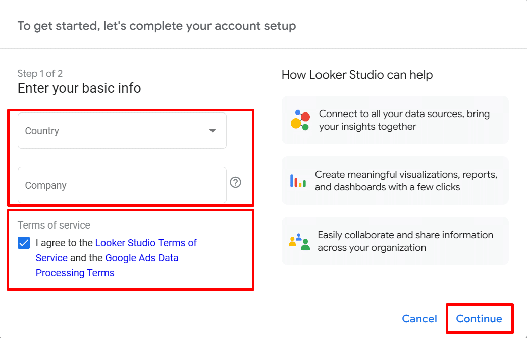 Completing your account setup on Looker Studio