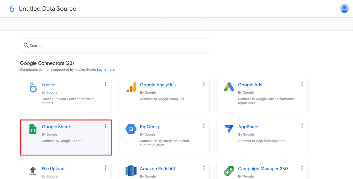 Selecting the Google Sheets connector on Data Studio