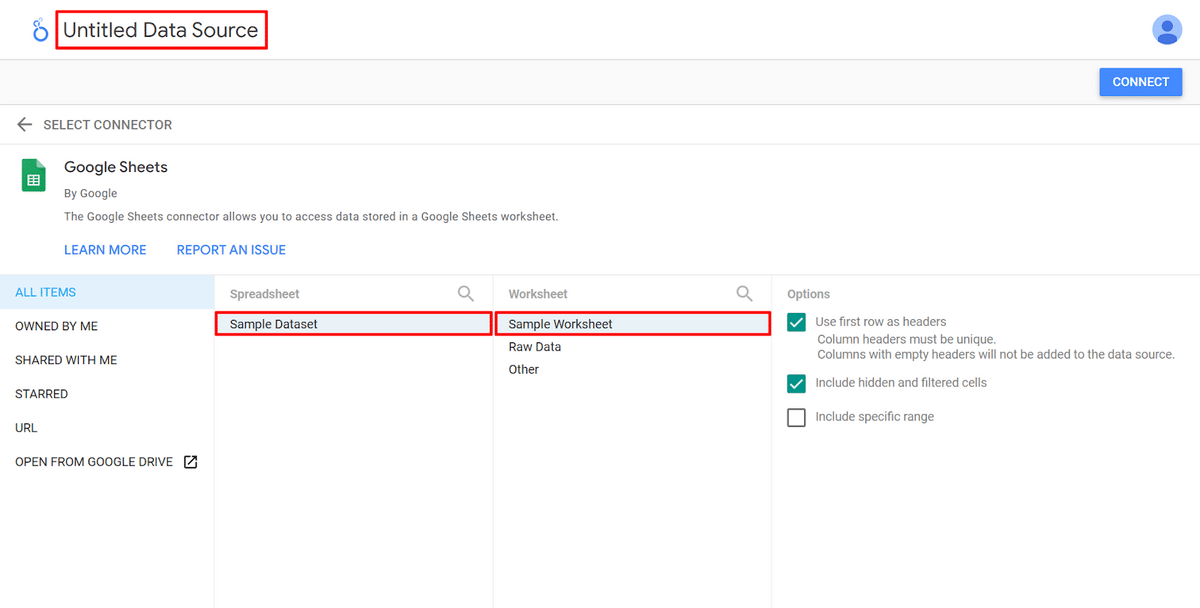 Selecting your worksheet as dataset on Looker Studio