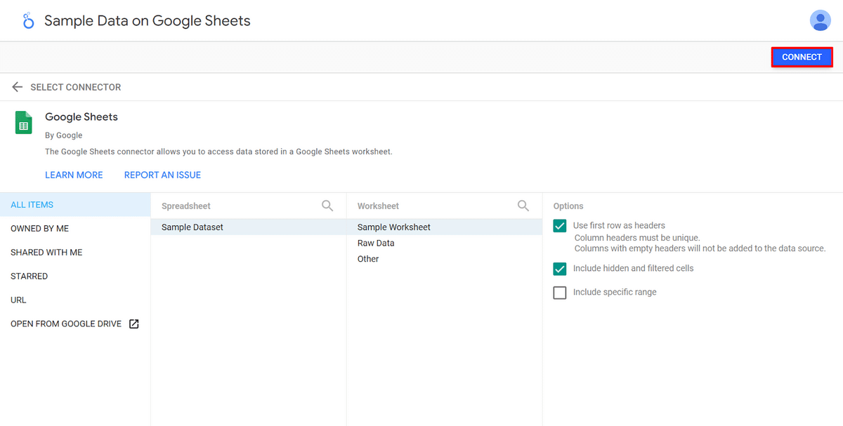 CONNECT button on Looker Studio data source
