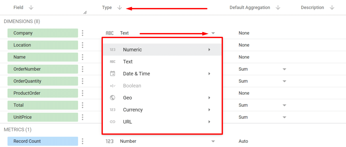 Changing the data type on Looker Studio