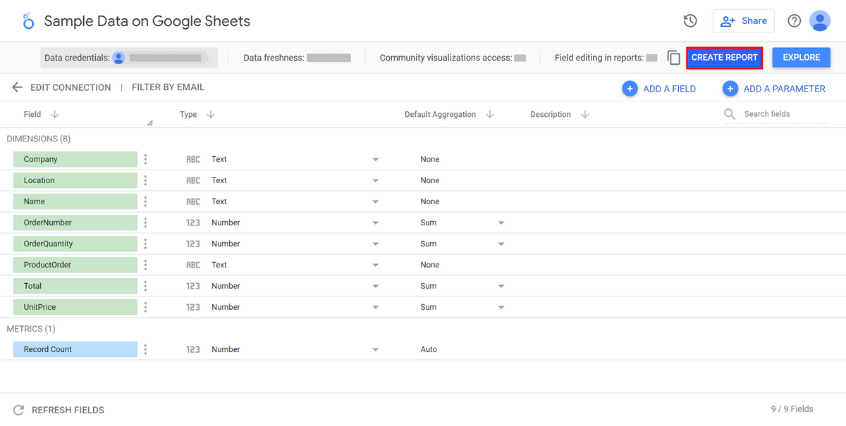 Creating a report from a Looker Studio data source