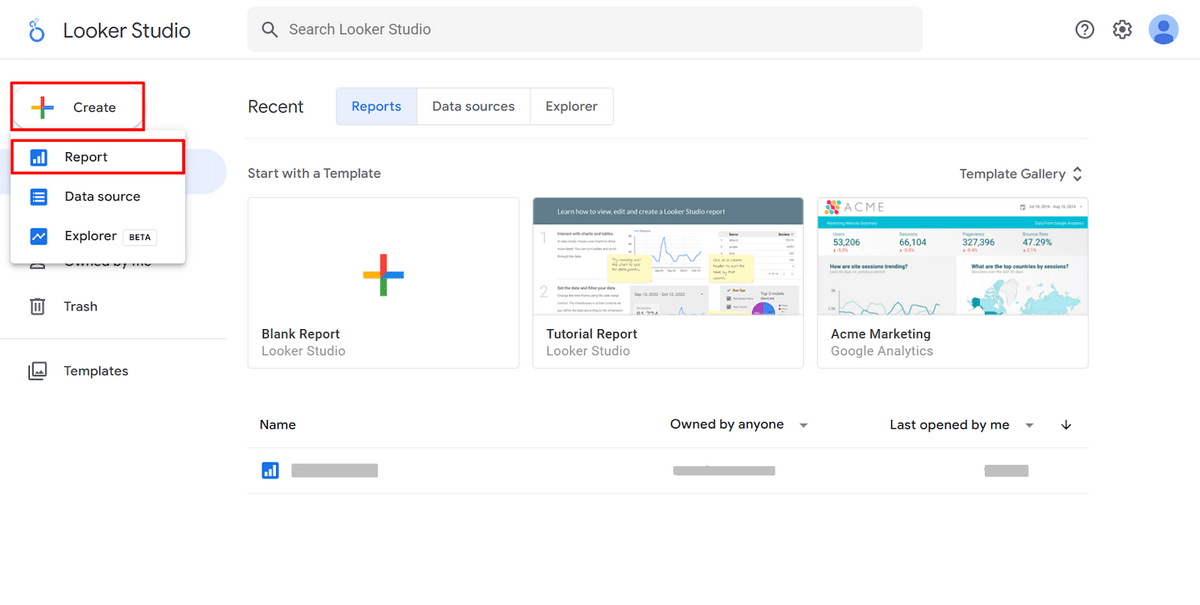 Creating a new report on the Google Data Studio dashboard