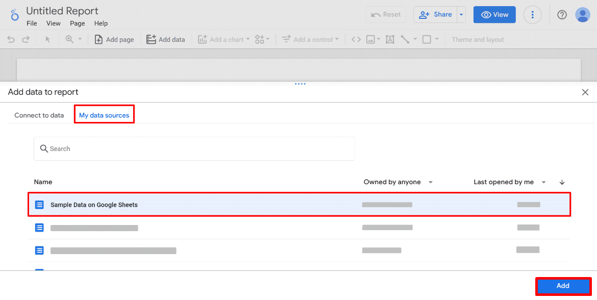 Selecting a data source on Google Data Studio