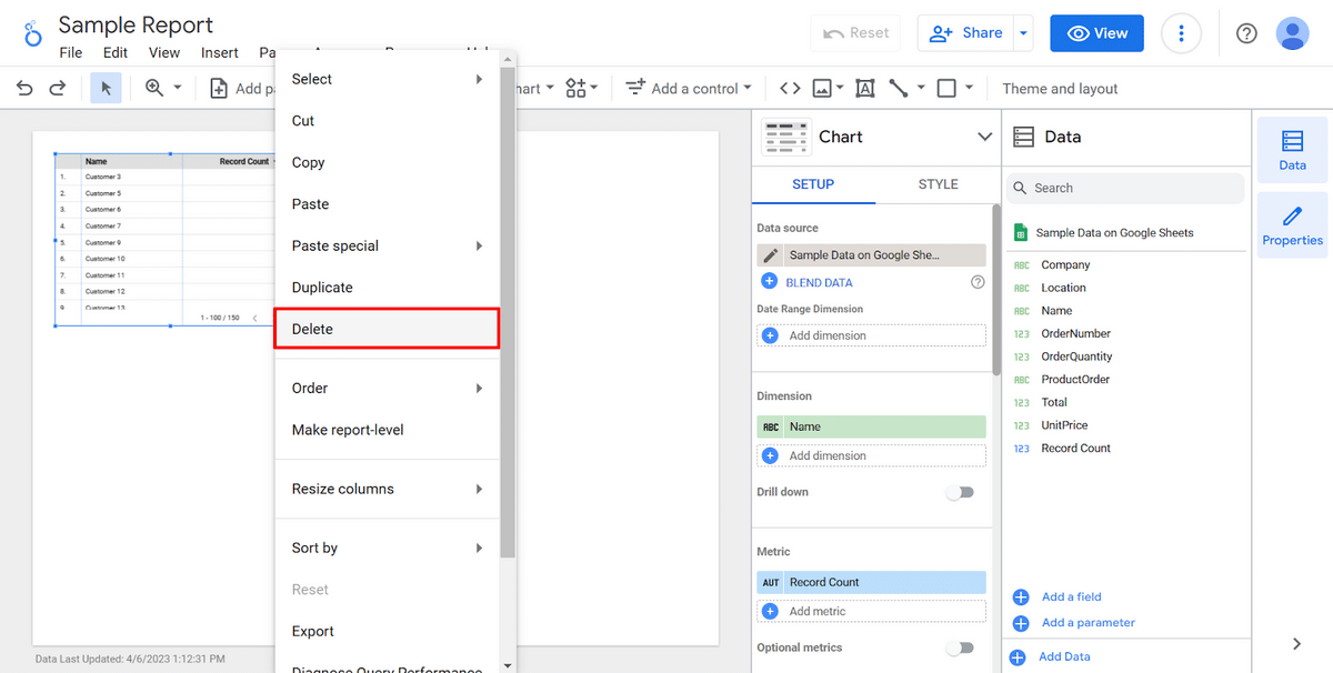 Deleting a table on a Data Studio report