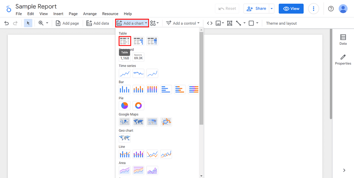 Adding a table on a Google Data Studio report