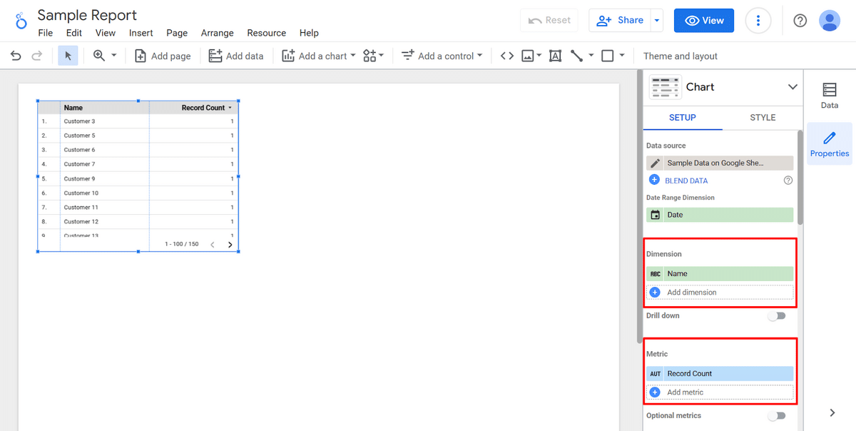 Changing the metric and dimension on a Data Studio table