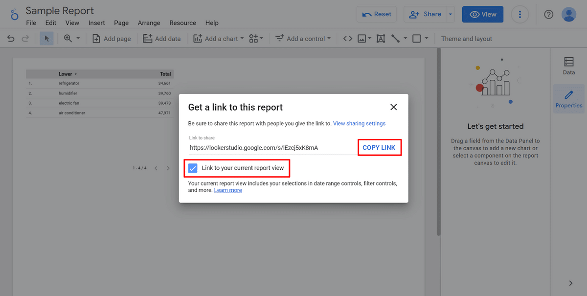 Getting a report link on Google Data Studio