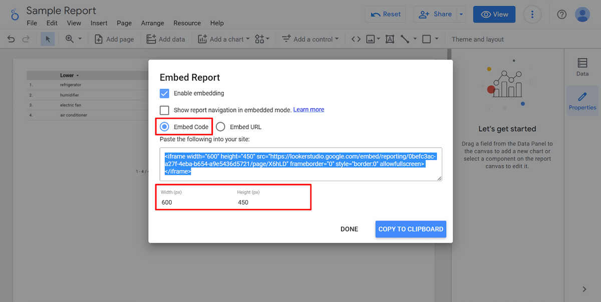 Copying a Data Studio embed code