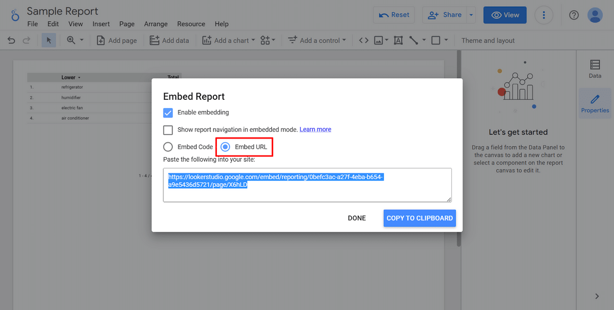 Getting a Data Studio embed URL