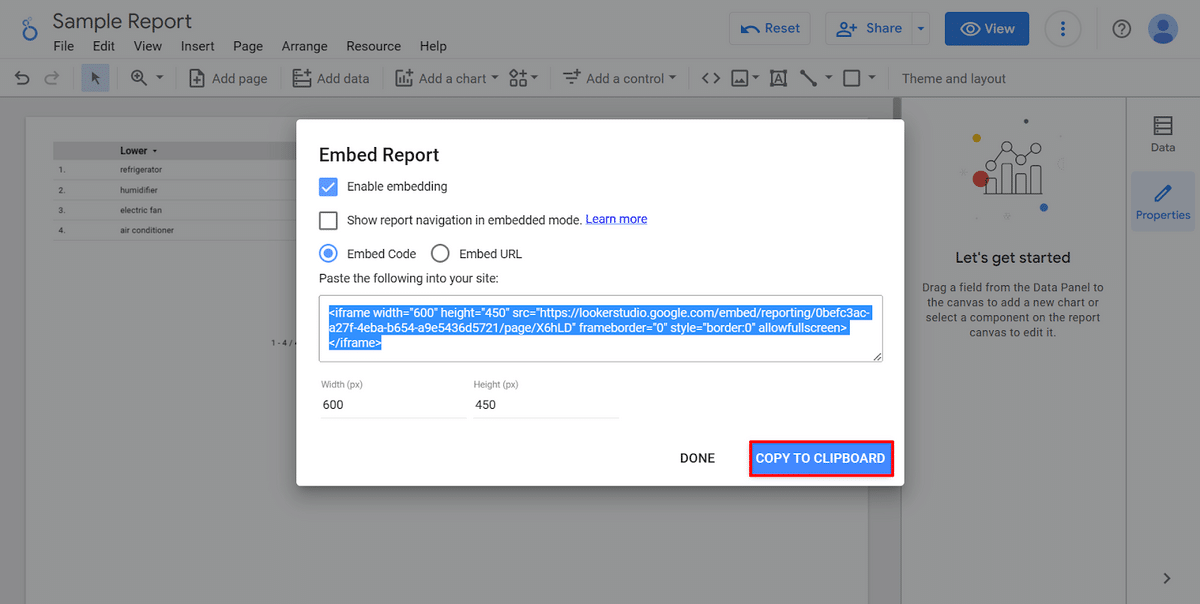 Clicking the "COPY TO CLIPBOARD" button to get embed