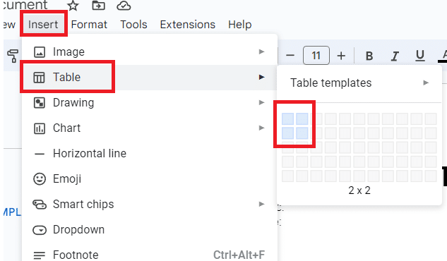 Go to Insert > Table and choose two rows and 2 columns.