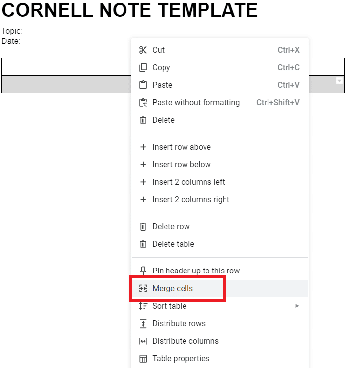 Select the second row, right-click on it and choose merge cells.