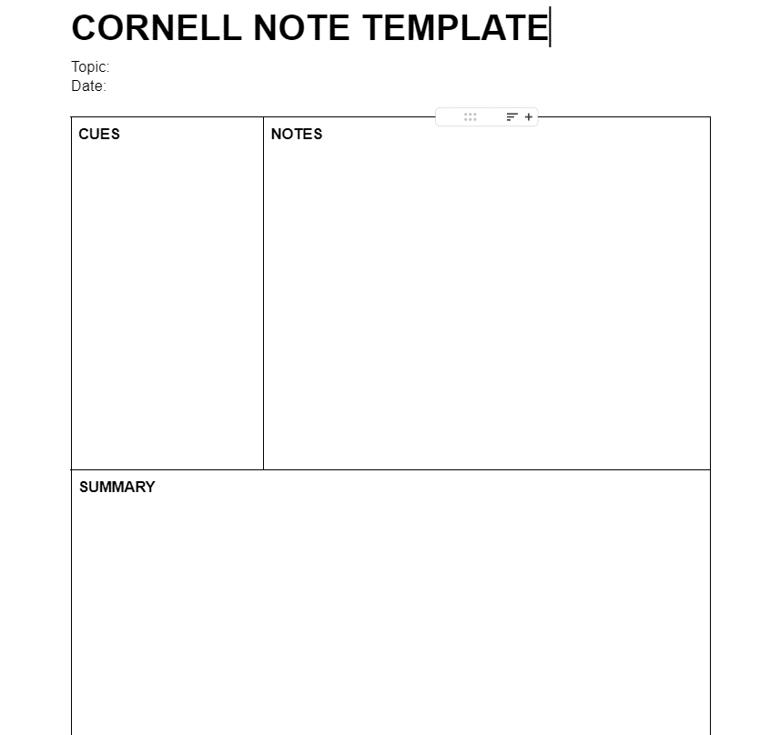  Label each cell in the table. The first cell on the right should be for the notes, the one on the left for the cues and the bottom cell for the summary.