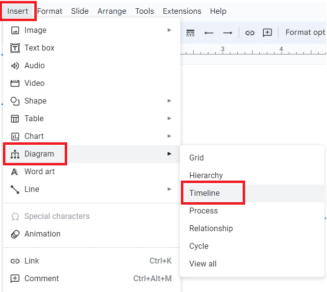 Go to Insert > Diagram and choose Timeline.