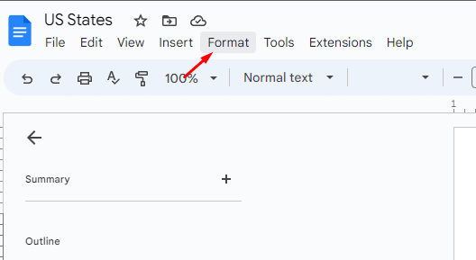 Google Docs format menu in the menu bar