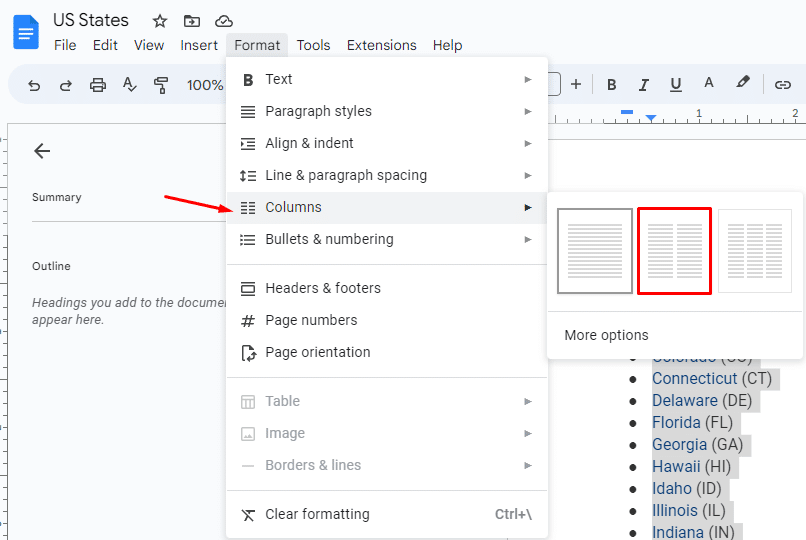 How to make two columns in Google Docs