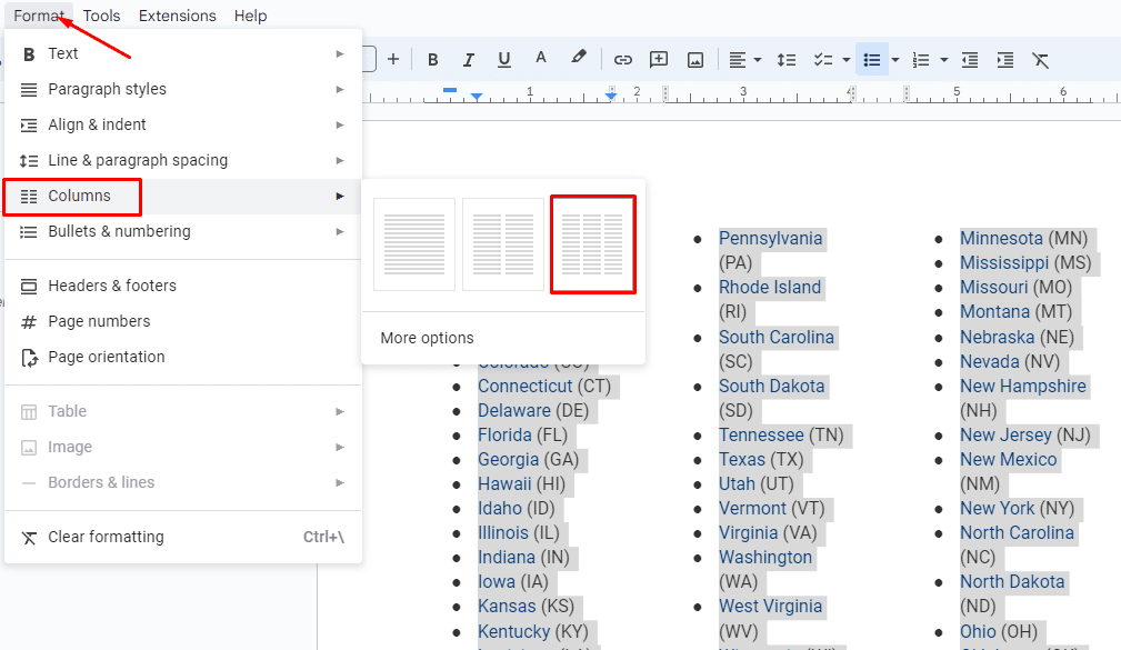 How to add three columns in Google Docs