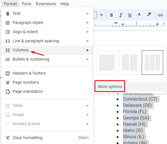 Where is the column options in Google Docs