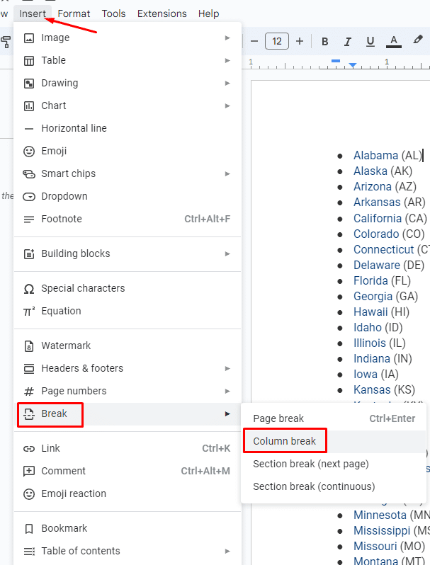 How to use column break in Google Docs